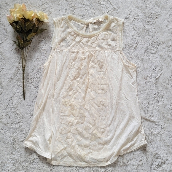 ✨️CL Ella Moss Cream White Sleeveless Fringe Sheer Panel Collar Tank Top Size M - Picture 1 of 12